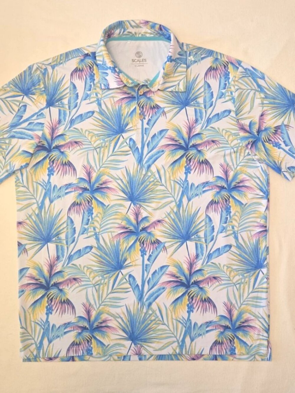 SCALES "Blue/Yellow/Purple - Tropical" Men's XL Polo Golf Shirt.